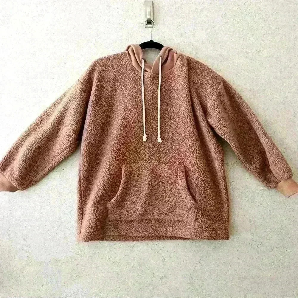MADEWELL S HOODED DRAWSTRING KANGAROO POCKET TEDDY BEAR‎ COZY WINTER PULLOVER